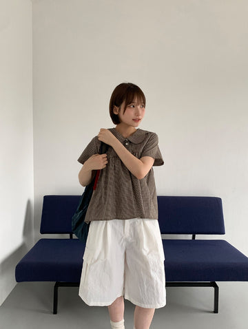 Geljik Check Frill Round Short Sleeve Blouse